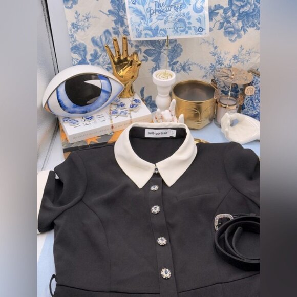 🆕 SELF-PORTRAIT 🧿 Black Belted White Crepe Contrast Midi Dress, Sz UK 10 US 6 - Picture 2 of 16